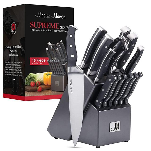 15-Piece Premium Kitchen Knife Set With Wooden Block | Master Maison German Stainless Steel Cutlery With Knife Sharpener & 6 Steak Knives (Gray)