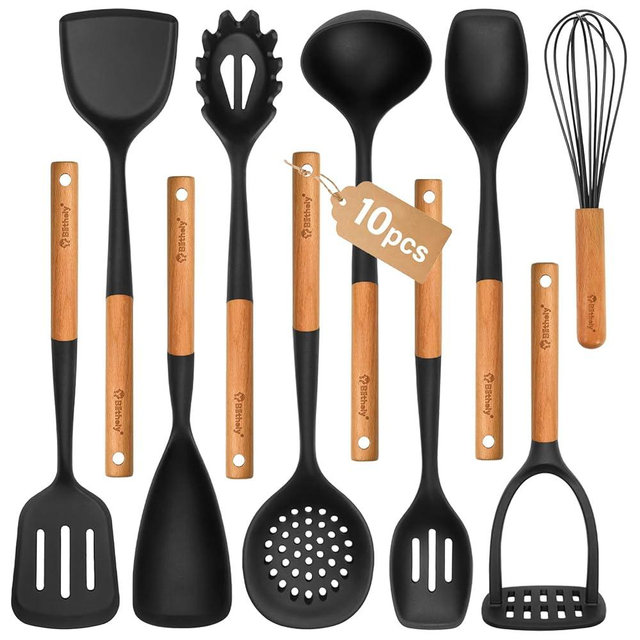 Silicone Cooking Utensils Set, 10Pcs Nonstick Kitchen Utensil Set with Wooden Handle, Heat Resistant Silicone Utensils for Cooking, BPA Free Spatula Set with Turners Spoon Ladle Skimmer(Black)