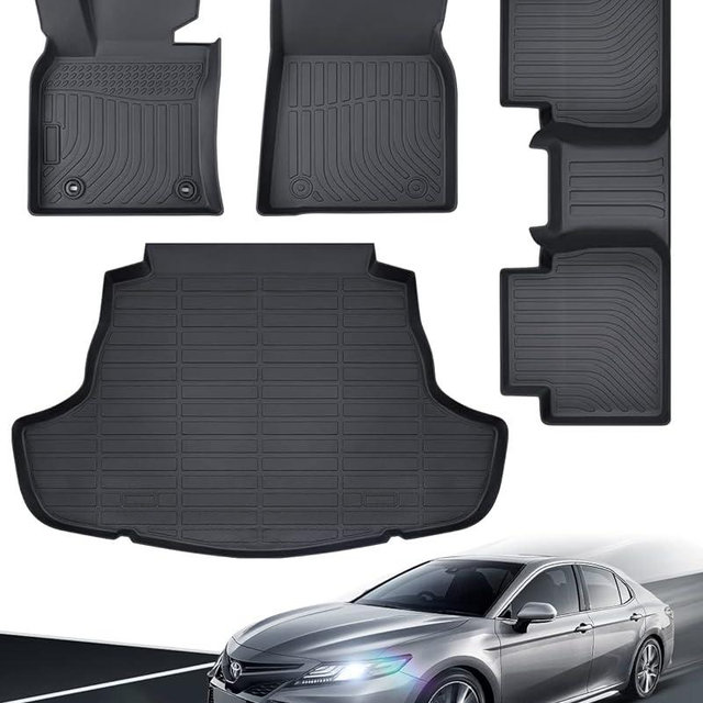 2024 2023 for Toyota Camry Floor Mats, 2022 2021 2020 2019 2018, TPE All Weather Protection Waterproof Anti-Slip Front & 2nd Seat & Rear Trunk Mat(Not Fit for Hybrid or AWD), Car Accessories