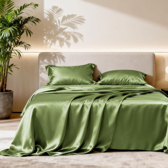 Love's cabin California King Satin Sheet Sets - 4 Piece Sage Silky Sheets Bed Set with Deep Pocket, Luxury Silk Feel Satin Cal King Sheet Set (1 Flat Sheet,1 Fitted Sheet,2 Pillow Cases)