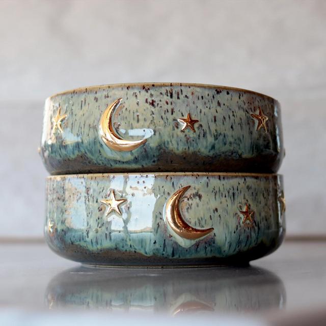 Pottery Food Bowl with Golden Moon and Stars : Handmade Stoneware Ceramic Small Serving Bowl