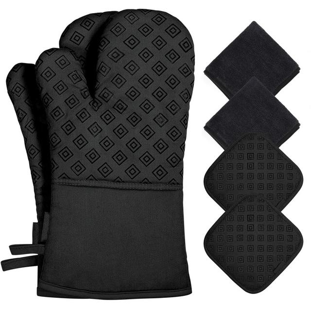 Oven Mitts and Pot Holders Kitchen: 500℉ Heat Resistant Oven Gloves with Kitchen Towels Silicone Ovenmitts Hotpads Set - Quilted Long Kitchen Mittens Potholders Washable Mits Hot Pads for Baking