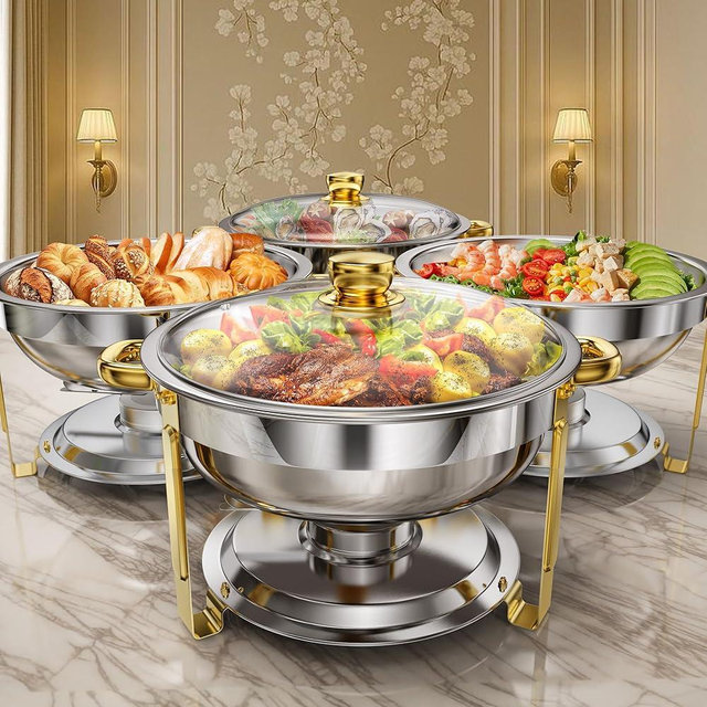 6QT Chafing Dishes for Buffet, 4 Pack Round Stainless Steel Chafing Dish Set, Chafers and Buffet Warmers Sets with Glass Lid, Food Warmers for Parties, Catering, Wedding (Sliver & Gold)