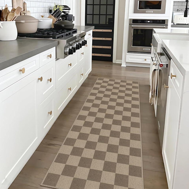 Rugalia Easy Jute Checkered Runner Rug, 2x6 Brown Modern Washable Rugs Runner for Hallway Non-Slip Kitchen Runner Rug, Farmhouse Checkerboard Indoor Outdoor Carpet for Porch Laundry Entryway
