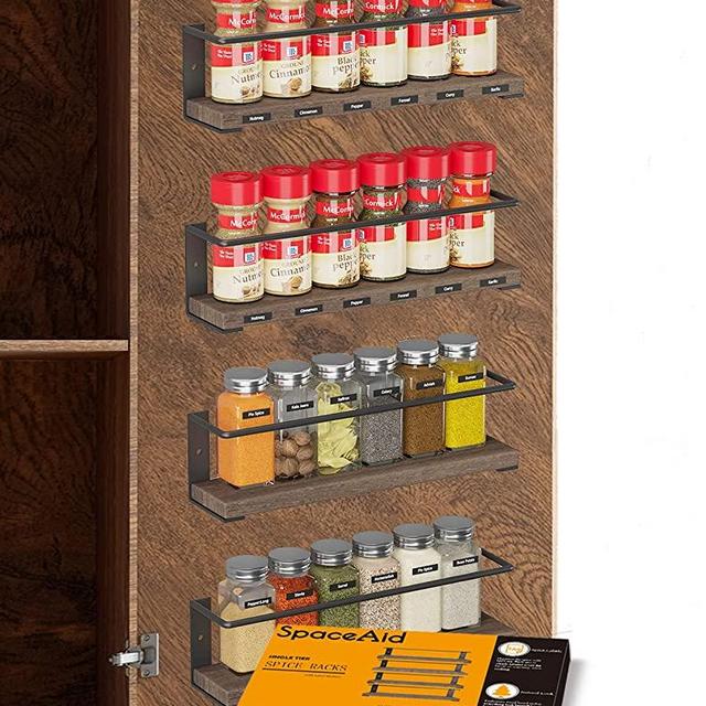 SpaceAid Spice Rack Organizer for Cabinet Door or Wall Mount (4 Pack) with  415 Spice Labels - Wood Hanging Seasoning Shelf for Cupboard Pantry or over