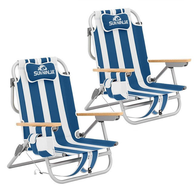 SUN NINJA Beach Chair – Folding Chair for Beach with 5 Reclining Positions, Cup & Phone Holder, Insulated Back Storage Pouch, Portable Lightweight Aluminum Frame - Navy Stripes - 2pc