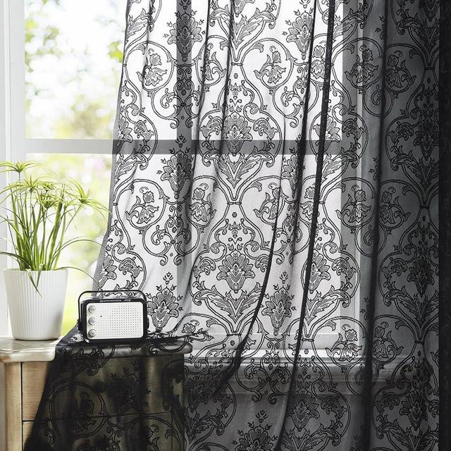 Black Lace Sheer Curtains 95 Inch Long Vintage Floral Curtains for Living Room Bedroom Rod Pocket Light Filtering Victorian Window Treatments Victorian Crochet Decorative Curtains 2 Panels