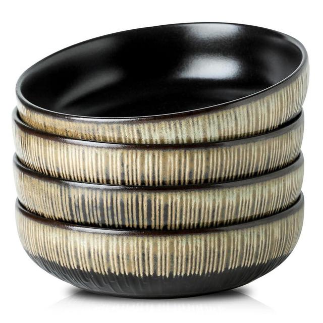 KOOV Ceramic Bowl, 46 OZ Pasta Bowls Set of 4, Large Salad Bowl Set, Large Bowl For Eating, Dinner Bowls, Stackable Serving Bowls, Stripe Series (Rough Black)