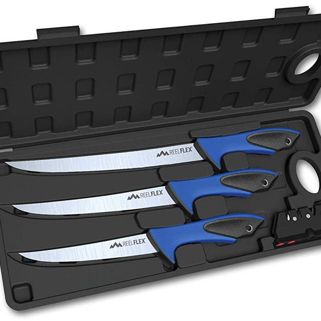 Outdoor Edge ReelFlex Pak, 3 Knife Fish Fillet and Boning Kit, Razor Sharp German 4116 Stainless Steel, Sharpener, Sturdy Hard-Side Case