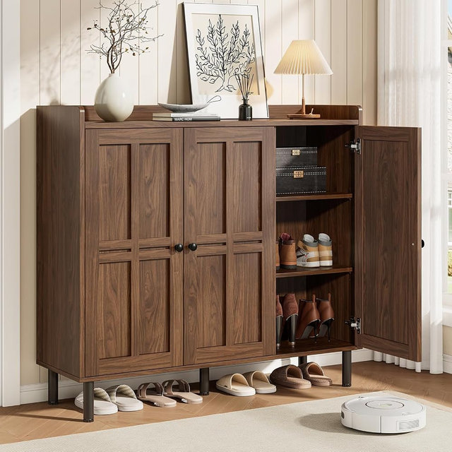 ONBRILL Shoe Cabinet with 3 Doors and Adjustable Shelves, 30 Pairs Shoe Storage Cabinet, 40 Inch Tall Farmhouse Shoe Rack Shoe Organizer Cabinet for Entryway Living Room Closet, Walnut
