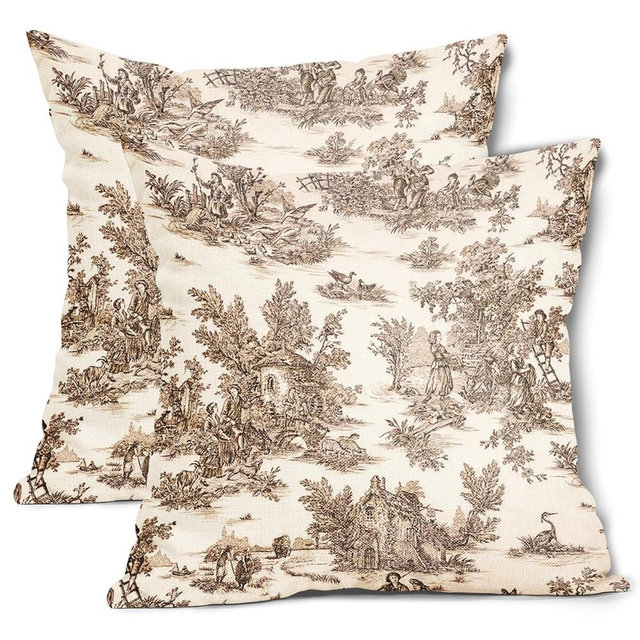 aportt French Country Pillow Covers Set of 2 18x18 Inch Vintage Toile Brown Tan Beige Cotton Linen Polyester Decorative Throw Pillow Case Cushion Cover for Bedroom Sofa Living Room Couch Chair Office