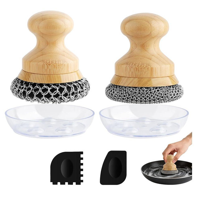 Beeptrum Cast Iron Scrubber and Scraper,Chain Mail Cleaner with Bamboo Handle & Draining Tray,316 Stainless Steel Brush for Cleaning Pots,Pans,Wok,Bakeware,Griddles, Grills(Small&Large ChainMail,2pcs)
