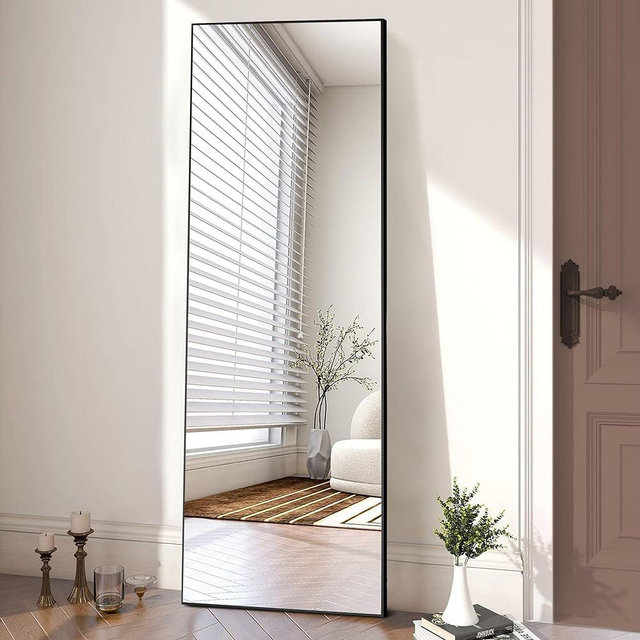 OLIXIS Full Length Mirror 64"x21" for Bedroom, Full Body Mirror with Stand, Hanging or Leaning for Wall, Aluminum Alloy Thin Frame Floor Standing for Living Room, Tall, Black