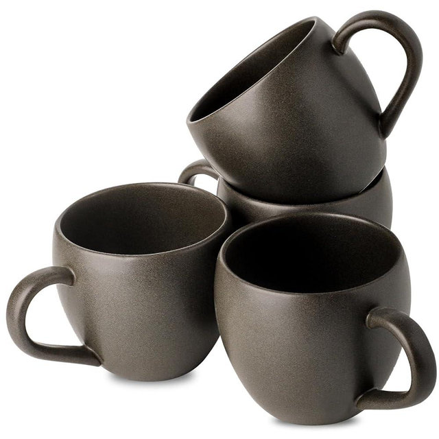 Tikooere Coffee Mugs Set of 4, Ceramic 16 oz Coffee Cups for Tea, Milk, Cereal, Cappuccino, Porcelain Latte Cups with Large Handle, Stoneware Coffee Mugs for Christmas Housewarming Gifts, Black