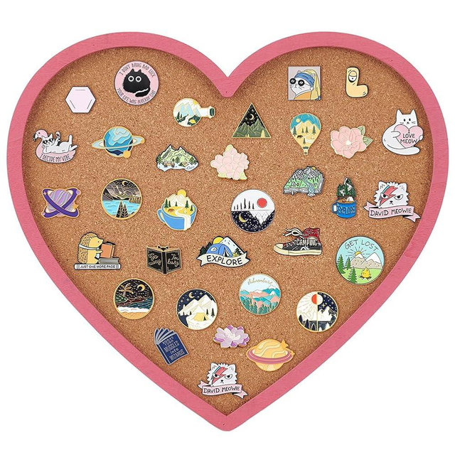BENECREAT Pearl Pink Heart Pin Cork Board, 11.8x10.7inch Bulletin Display Board Wall Mounted Cork Board with Pink Frame for Brooch Pin Storage Display, Office Home and School Decor