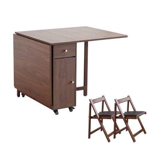 COMUHOME Walnut Drop Leaf Folding Dining Table with 2 Drawers and 4 Wheels, Folable Dining Table with Padded Chairs Set of 2, Space Saving Table with 2 Chairs for Living Room Kitchen Farmhouse