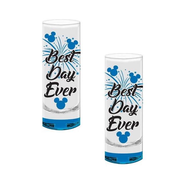 2-Piece Set Disney Best Day Ever Mickey Icon Blue Colored Bottom Glass Tall Shot Glasses
