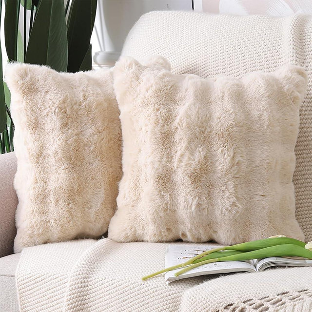 MADIZZ Pack of 2 Thick Plush Wool Throw Pillow Covers 18x18 Inch Beige Soft Neutral Decorative Throw Pillows Accent Boho Cushion Covers for Couch Sofa Bedroom Pillow Shell