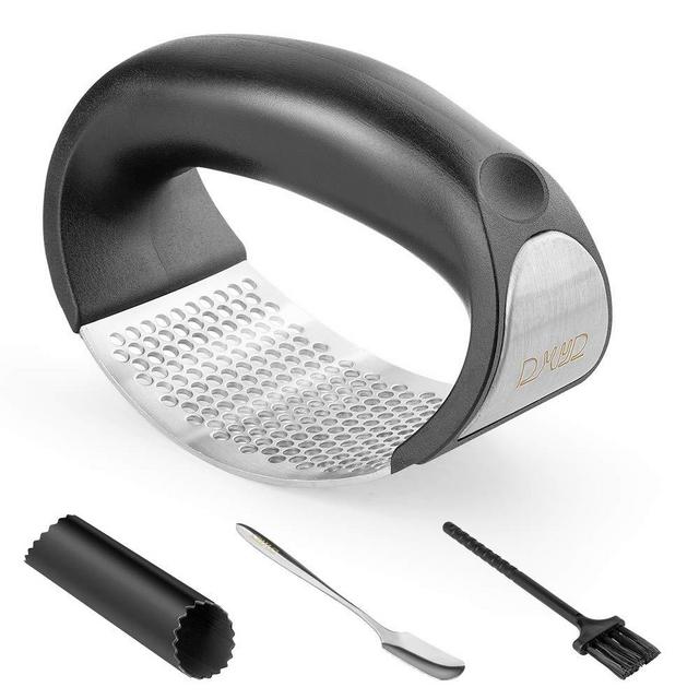 DXYD Garlic Press Rocker, New Kitchen Stainless Steel Garlic Mincer Crusher, Matching Stainless Steel Dessert Spoon and Silicone Roller Peeler and Cleaning Brush
