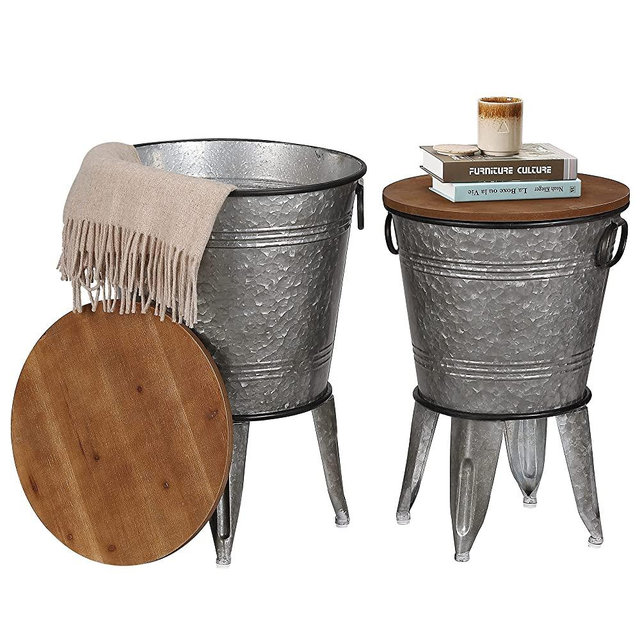 Rustee Rustic Storage Farmhouse Accent Side Table,Antique Galvanized Metal End Coffee Cocktail Table Box Bin with Round Wooden Lid Set of 2 (Galvanized),HC2009WT,One size