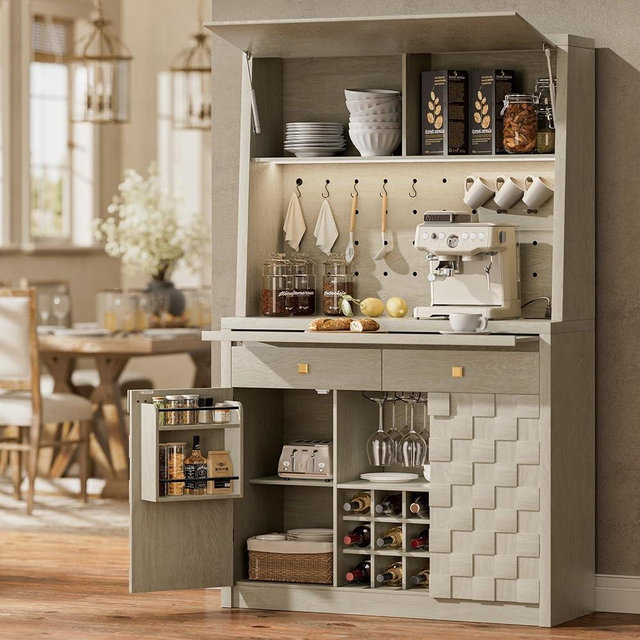 STO'SENSE 71.1" Tall Kitchen Pantry with Charging Station & LED Light, Sideboard Buffet Storage Cabinet with Hydraulic Flip Up Door, Drawers, Pegboard, Cupboard for Dining Room