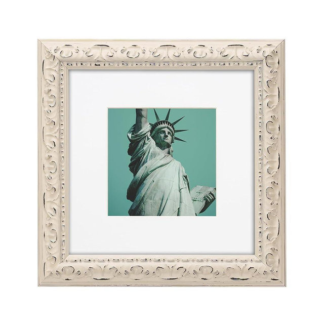 WYNCO 8x8 inch Distressed Wood Embossed Scroll Motif Vintage Antique Rustic Picture Frame, White Mat for 5x5 in Photo, Art Print Drawing, Wall Hanging or Desktop Display-Washed White