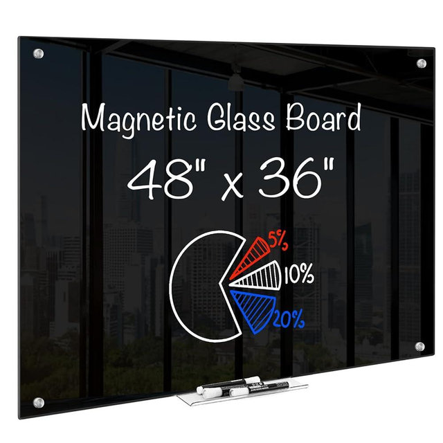 maxtek Black Dry Erase Board 48" x 36", Black Whiteboard Glass Frameless, Large Magnetic Glass White Board for Office School