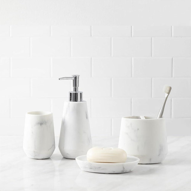 QL DESIGN 4 Piece Modern Bathroom Accessory Set with Marbled Style and Geometric Design Includes Lotion Dispenser, Toothbrush Holder, Tumbler, Soap Dish (Mordern Style Marble)
