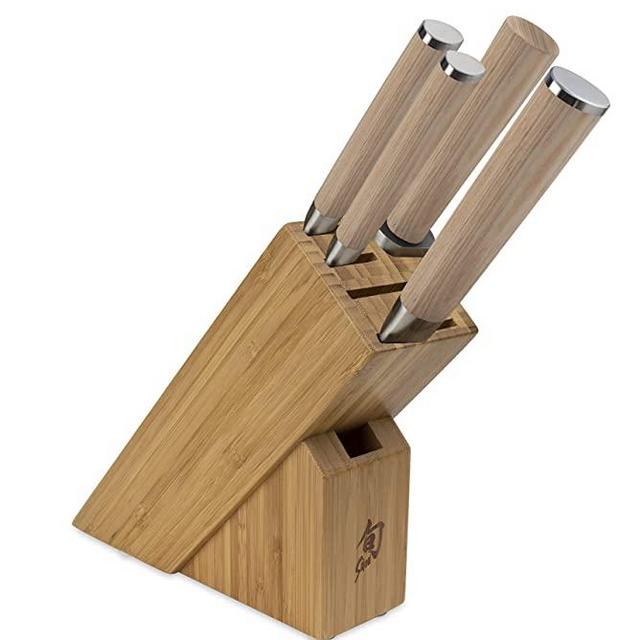 Shun Classic Blonde 5 Piece Starter Knife Block Set; Chef’s, Utility, and Paring Knives with Honing Steel and Block; PakkaWood Handles, VG-MAX Blades , Large