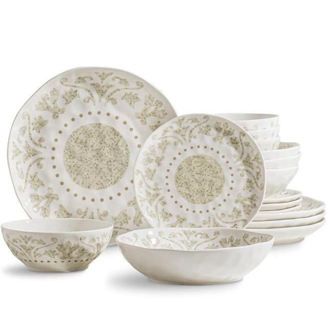 HOMBENE 16-Piece Beige Dinnerware Set, Service for 4 People, Plates and Bowls Set, Porcelain Ceramic Dinner Set, Caramel, Modern Style