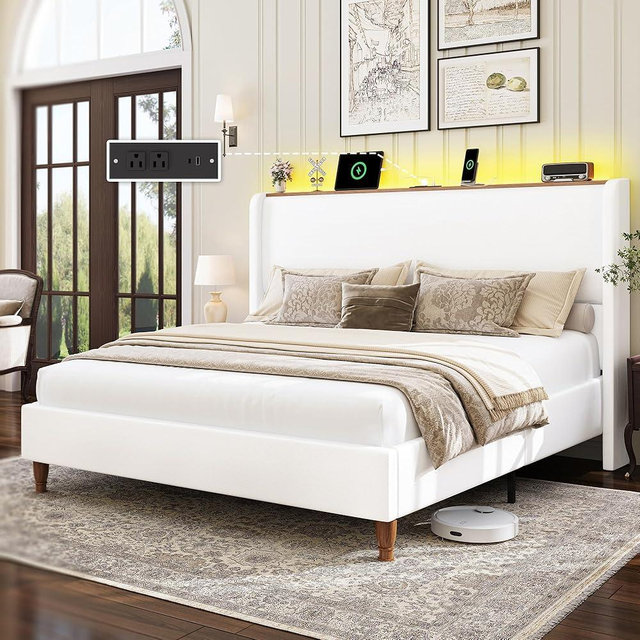 LARMACE King Size Bed Frame with LED Lights and Charging Station Linen Upholstered Platform Bed Frame with 51.2" Tall Wingback Headboard and Storage Shelf, No Box Spring Needed, Easy Assembly, Cream