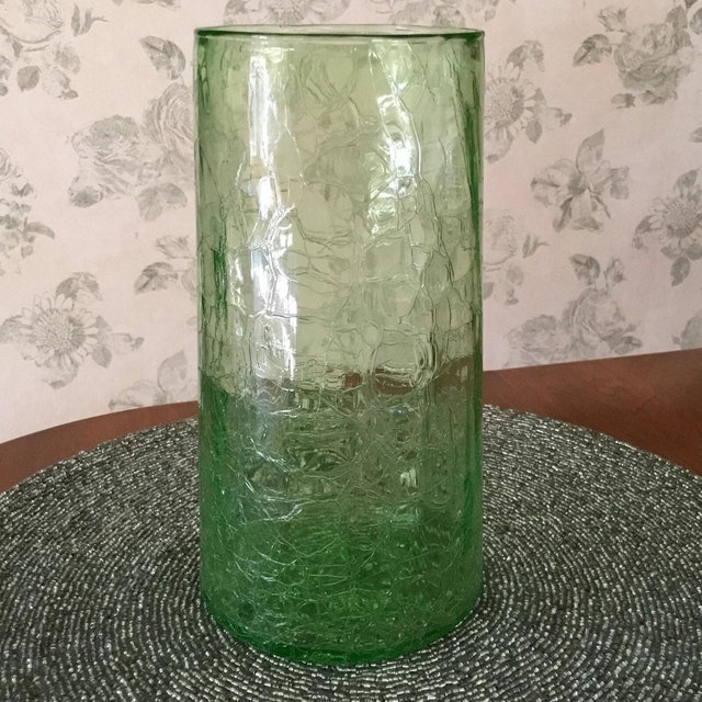 Cylinder Shape green Vaseline LARGE Crackle Glass Vase
