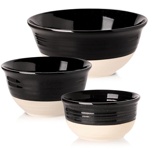 Hasense Porcelain Mixing Bowls for Kitchen, 84/40/20 Oz Large Salad Serving Bowls Set of 3, Unique Thanksgiving Bowls Set for Entertaining Cooking Baking Serving Food, Nesting Bowls, Black