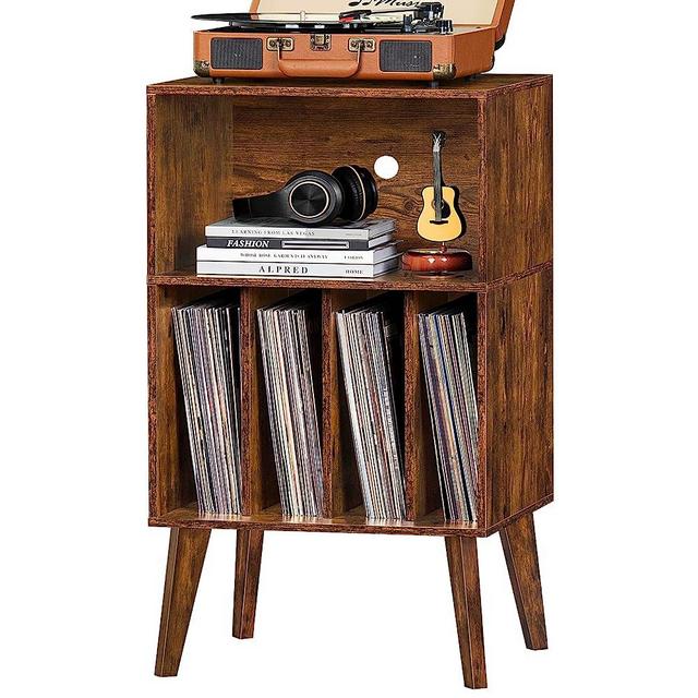 Lerliuo Record Player Stand, Brown Turntable Stand Holds up to 160 Albums, Mid-Century Vinyl Storage Cabinet Table with Solid Wood Legs, Record Player Holder Dispaly Shelf for Bedroom Living Room