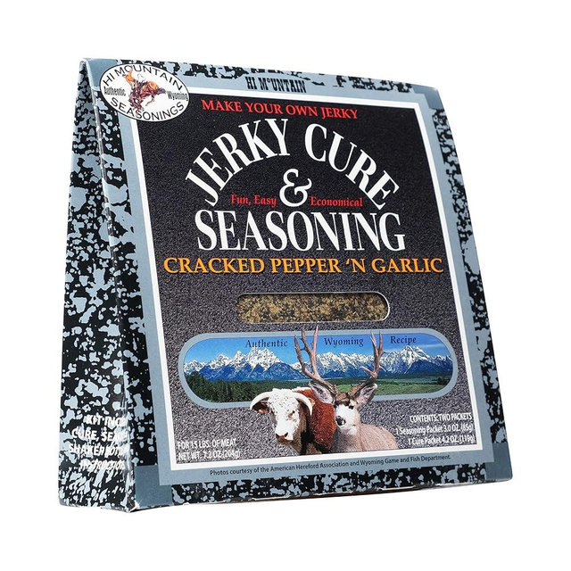 Hi Mountain Jerky Seasoning and Cure Kit | CRACKED PEPPER 'N GARLIC BLEND | Beef Jerky Seasoning | Perfect for Beef, Venison, Elk, & Deer | Seasons up to 15 lbs. of Meat (1 Box)