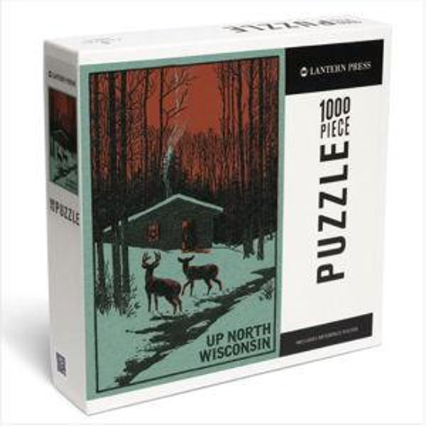 Up North, Wisconsin, Deer and Cabin in Winter, Woodblock, Jigsaw Puzzle