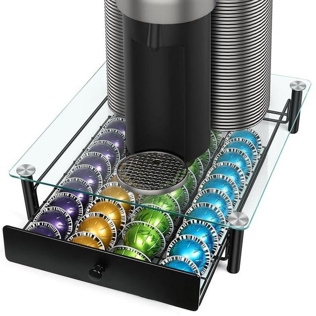 ROWISE Coffee Pod Drawers, Crystal Tempered Glass Vertuo Pod Holder Drawer Compatible with Nespresso Vertuo Capsules, Holds Up to 40 Capsules, Size 13"x14.7"x3.5"