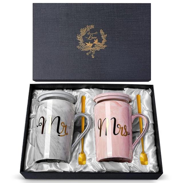Biching Wedding Gifts for Couples 2025, Couple Gift for Anniversary - 14oz Ceramic Marble Mr and Mrs Mugs Set, Present for Bridal Shower Engagement Bride and Groom, with Greeting Card, Luxury Gift Box