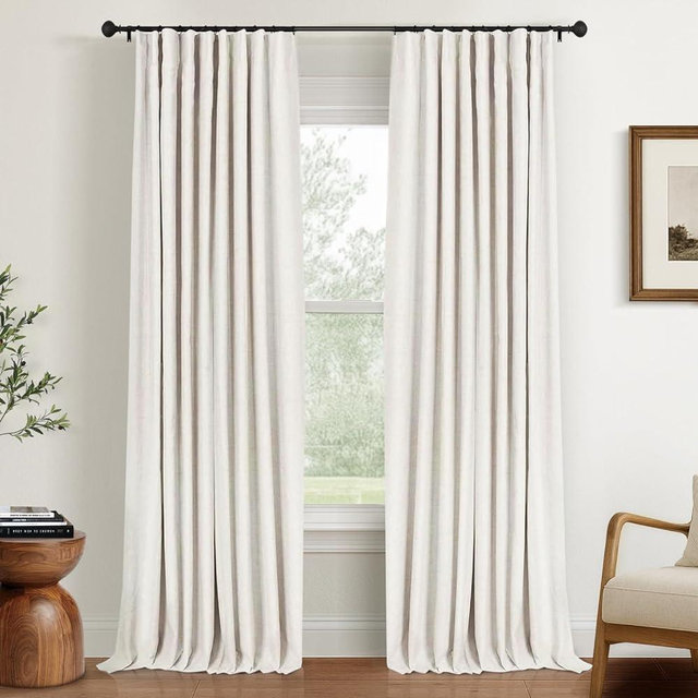 INOVADAY 100% Blackout Curtains for Bedroom, Black Out Curtains 102 Inch Long, Clip Rings Linen Blackout Drapes, Thermal Insulated Room Darkening for Living Room, 2 Panels - Beige,W50xL102
