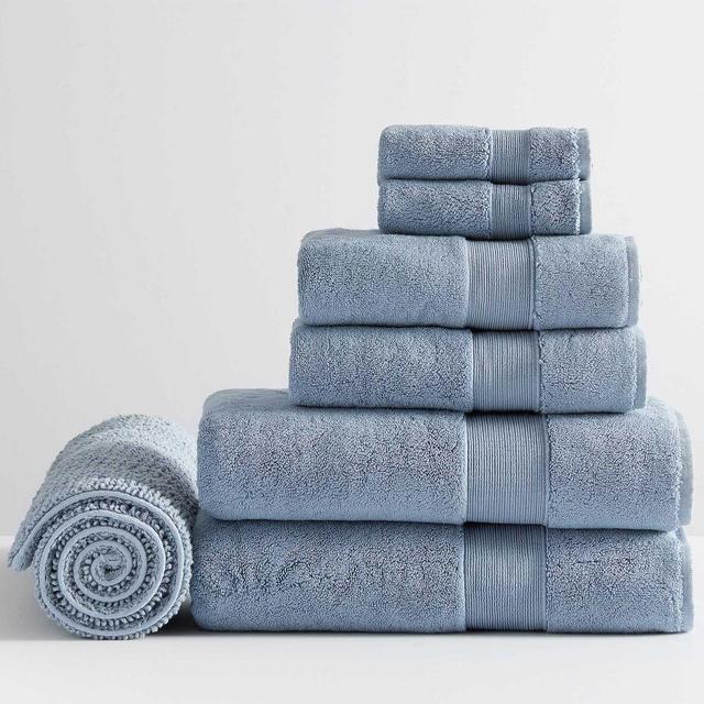 Light Blue Classic Organic Washcloth Hand and Bath Towel With Bath Mat, Set of 7