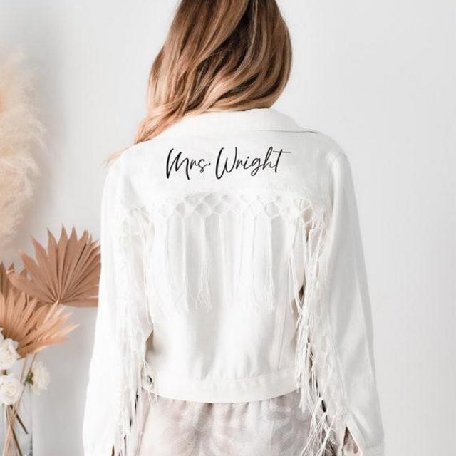 Personalized Fringe Jacket Bride Denim Jacket with Tassel Fringe Future Mrs Wedding Jean Jacket Bridal Shower Gift Ideas (EB3448CT) - WHITE
