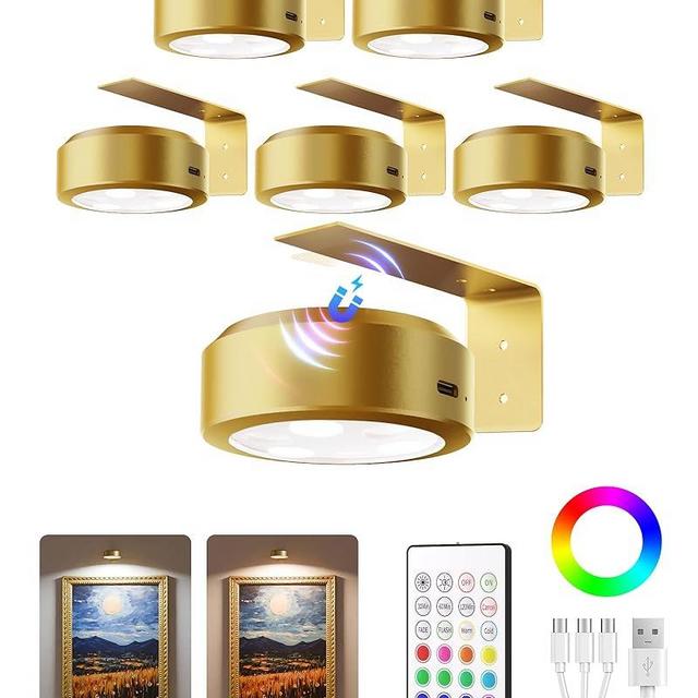 EZVALO Picture Lights for Wall, 2000mAh Rechargeable Battery Magnetic Poster Lights with 2 Color Temps & 12 RGB, Remote Dimmable Timer Painting Light, Wall Decor Light for Art Display, Frame (6 Pack)