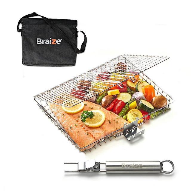 BRAIZE Grill Basket with REMOVABLE HANDLE, fish grill basket - Grill accessories for outdoor grill, cooking accessories, bbq accessories for outdoor grill. Grilling accessories grilling basket bbq set camping cooking gear outdoor accessories.