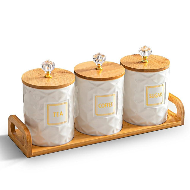 Sowlvenco Set of 3 Ceramic Canisters for Sugar Coffee Tea with Tray, White Airtight Food Storage Jars with Wood Lids, Kitchen Counter Storage Containers - 23oz