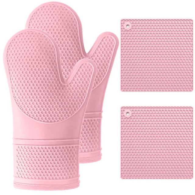Gorilla Grip Heat Resistant Waterproof Silicone Oven Mitt and Pot Holder 4 Piece Set, Includes 2 Soft and Flexible Cooking Mitts and Trivet Mats, Gloves and Potholders for Use on Hot Surfaces, Pink