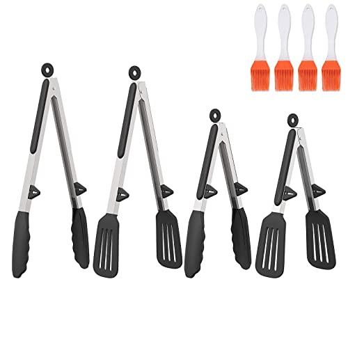 Kitchen Tongs for Cooking - Non-stick Premium Silicone Tips & Locking Stainless Steel Tongs - High Heat Resistant Dishwasher Safe Set 4 Packs for Cooking Salad BBQ Grilling - 13 Inch/10 Inch(Black)