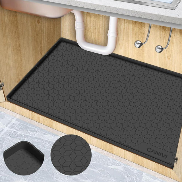CANIVI Under Sink Mat, 28" x 22" Waterproof Silicone Under Sink Tray for Kitchen & Laundry Cabinets, Kitchen Cabinet Shelf Protector, Up to 3 Gallons Liquid, Fits 36 inch Standard Cabinet (Black)