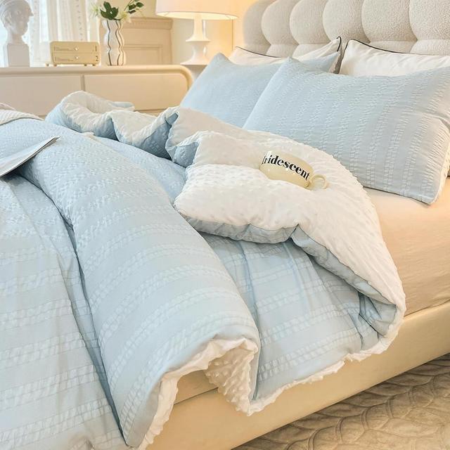 tohrisa Boho Comforter Set Queen Size Striped Pleats Bohemian Seersucker Bedding Set All Season Soft Cozy 3 Pieces Quilt with 2 Pillowcases(80"X90" Light Blue)