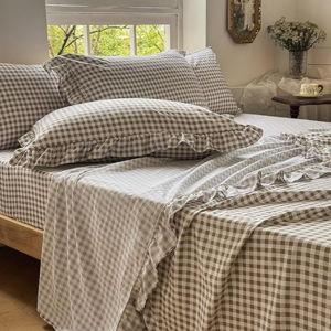 NSNLGSGC Tan Gingham Ruffle Queen Sheet Set, Taupe Soft Pre-Washed Microfiber Plaid Queen Bed Sheets, 4-Pieces Farmhouse Sheet Set with Deep Pocket