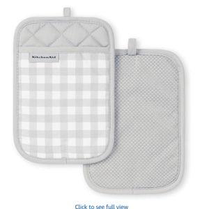KitchenAid Gingham Pot Holder 2-Pack Set, Matte Grey, 7"x10"